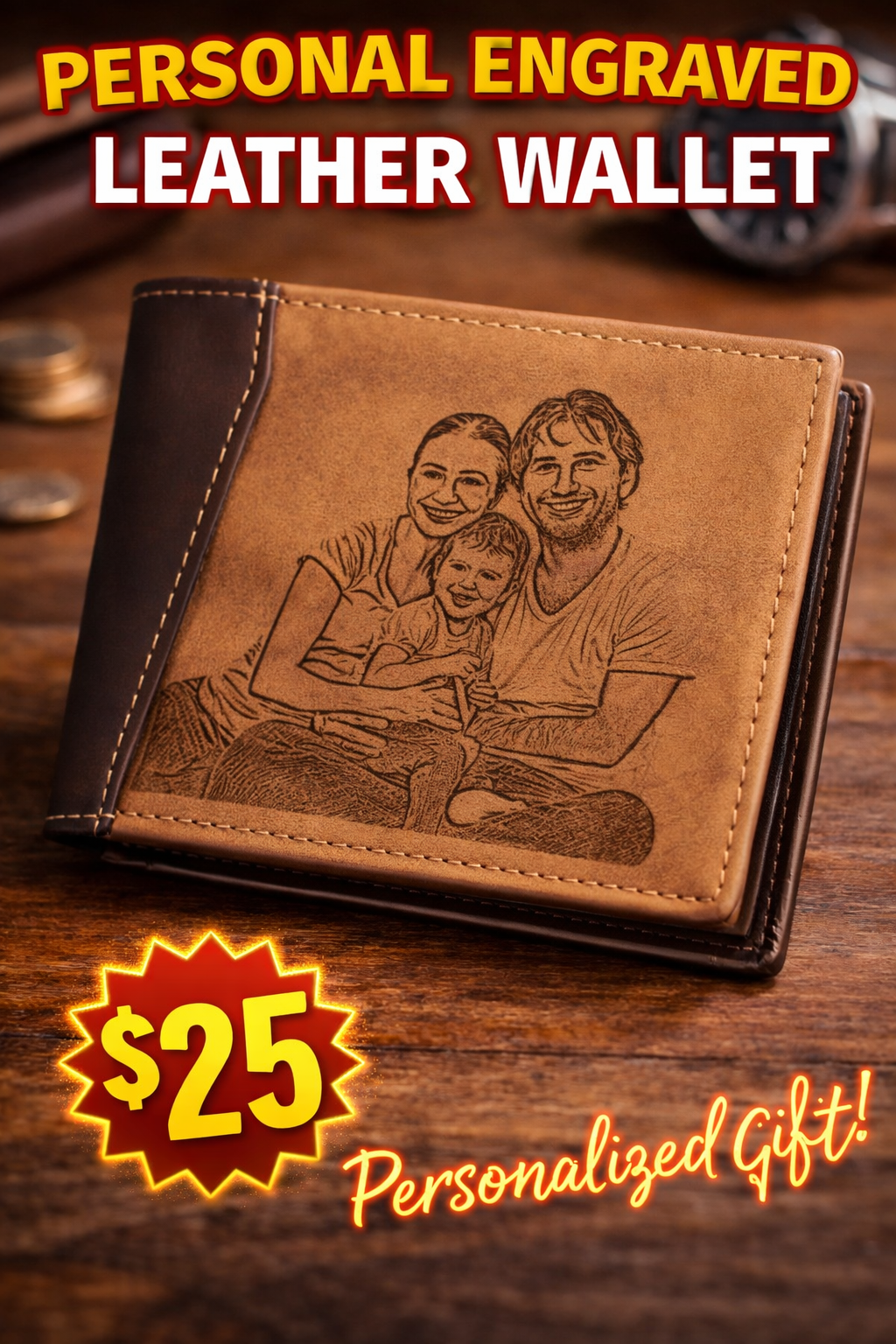 Personalized Engraved Leather Wallet – Custom Photo & Text | Only $25