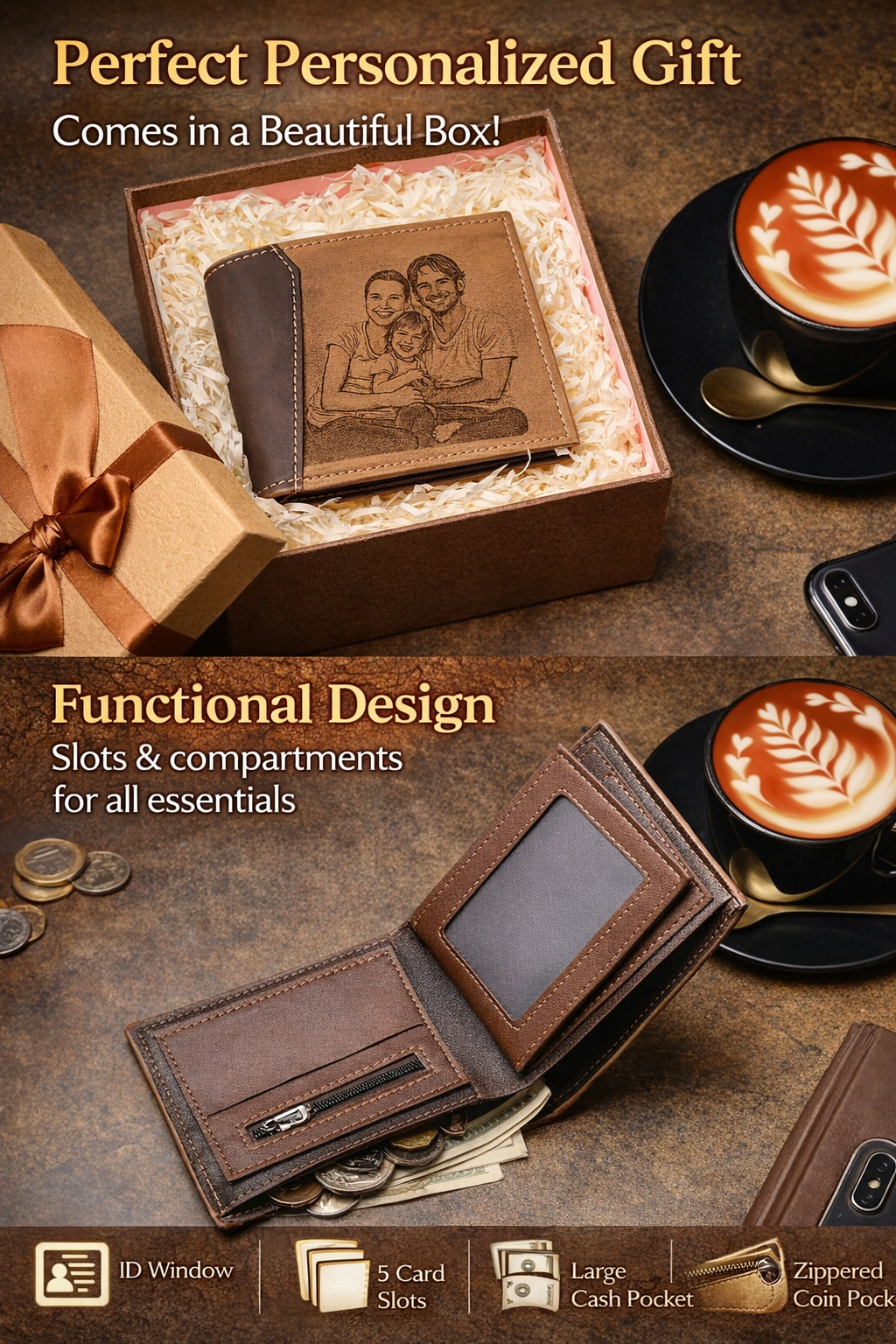 Personalized Engraved Leather Wallet – Custom Photo & Text | Only $25